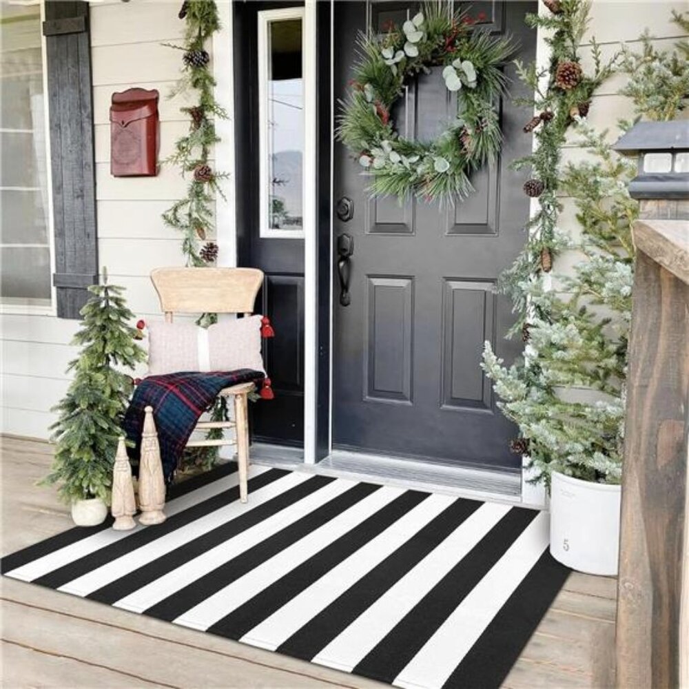 Black and White Striped Area Rug 3x5 Ft Front Door Rug Hand Woven Cotton